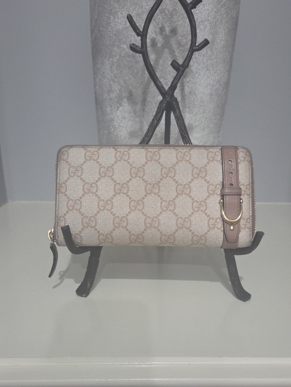 Gucci NICE Monogram Zip Wallet Beige with Taupe Trim/ COA Included